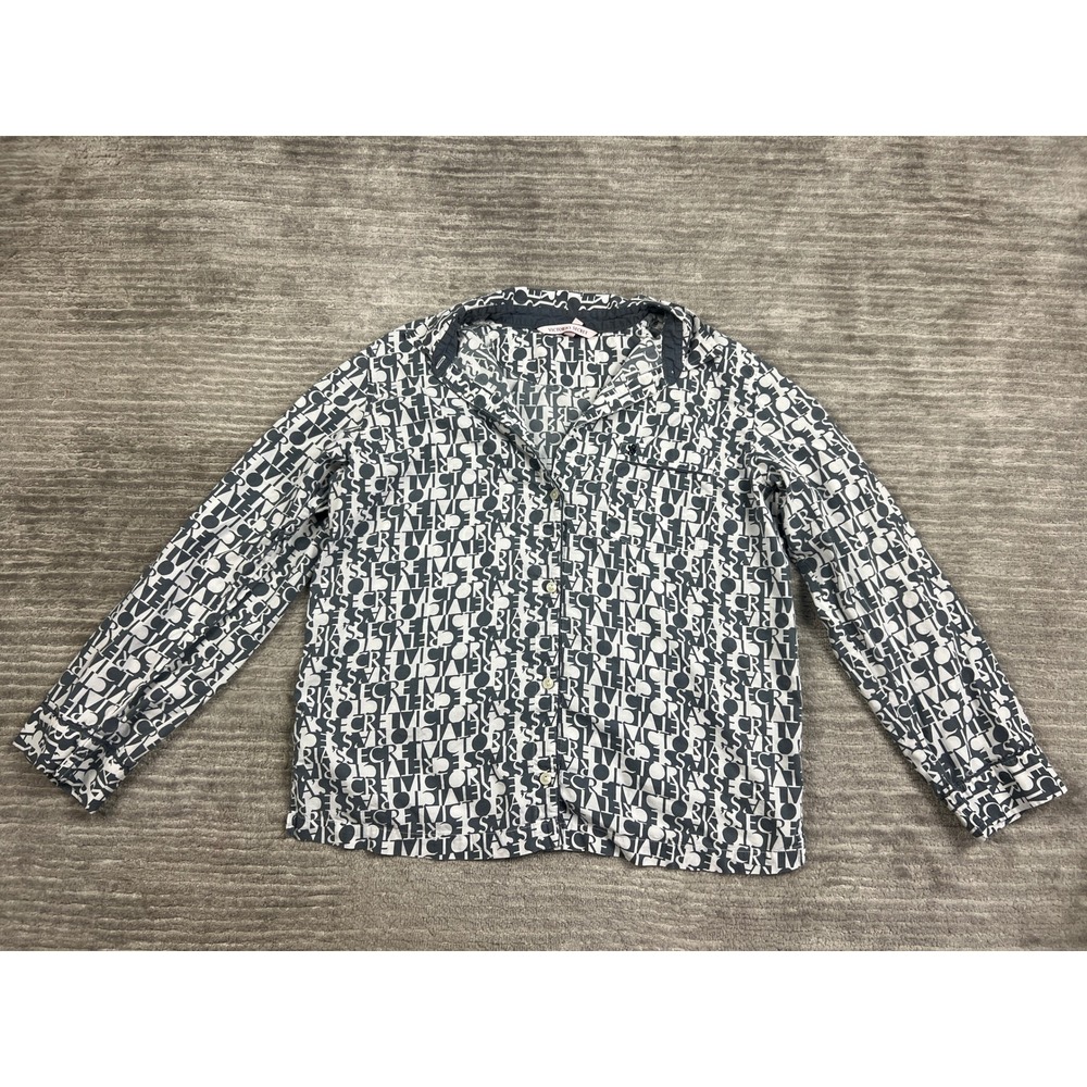 Victoria's Secret Pajama Top Womens S Navy White Logo Print Button Up Shirt